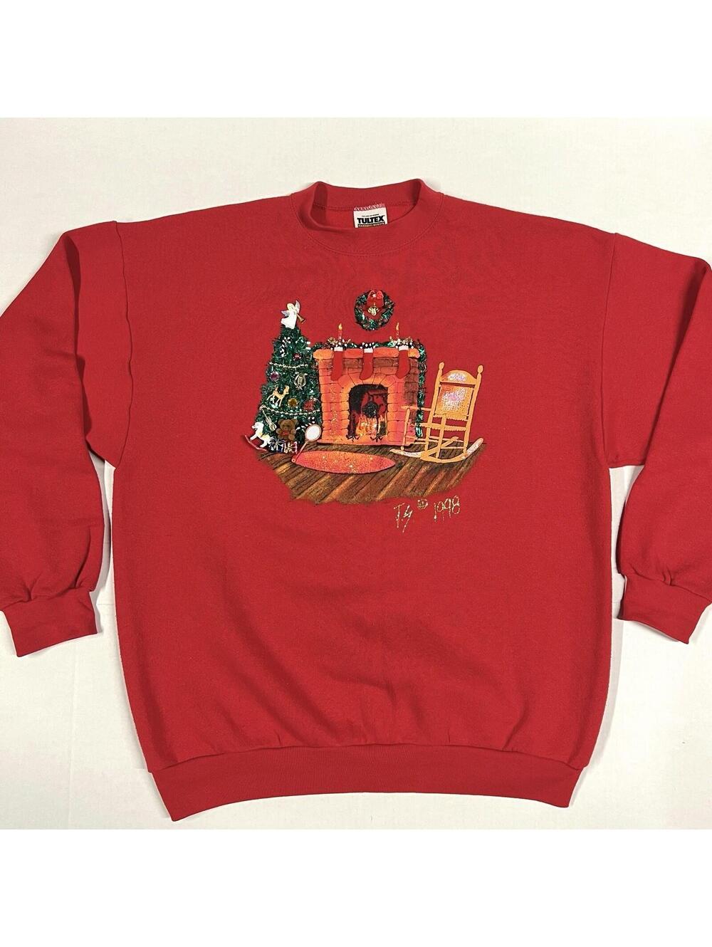 Vintage Christmas Sweater 3D Presents Bell 1998 90s Fireplace Women’s Sz L